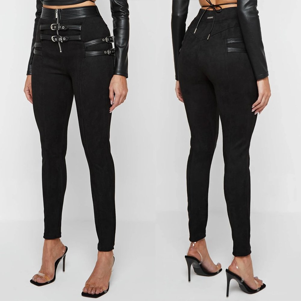 VEGAN SUEDE LEATHER BUCKLE DETAIL LEGGINGS - BLACK BELT GOTH ROCKER PANTS SZ 6